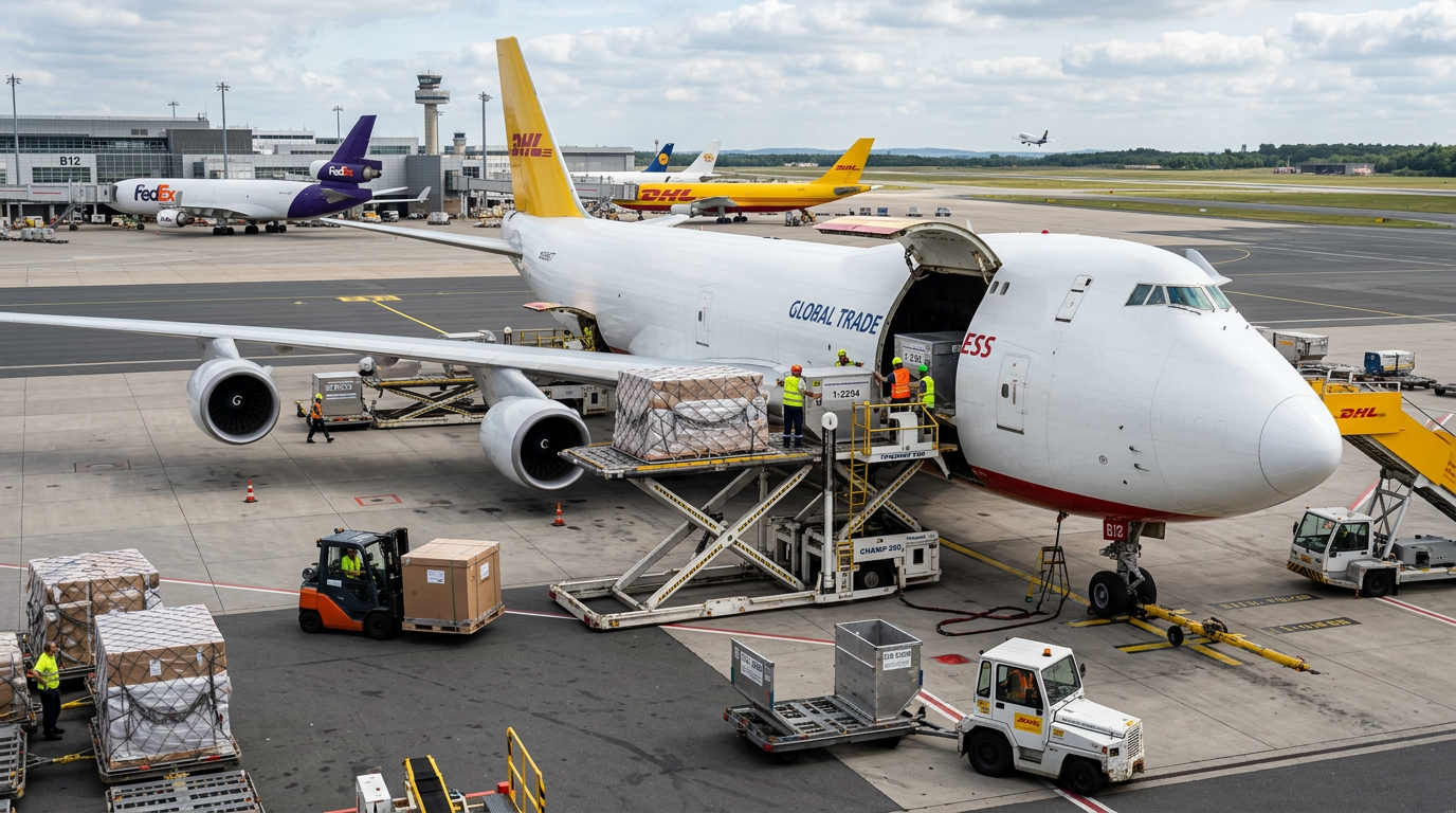 Ground crew preparing cargo plane on airport tarmac